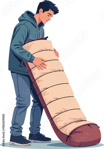 Illustrazione vettoriale di una persona che arrotola o sistema un sacco a pelo imbottito dopo il campeggio. Concetto di outdoor, viaggio, escursionismo, organizzazione dell’attrezzatura e vita 