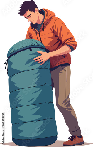 Illustrazione vettoriale di una persona che arrotola o sistema un sacco a pelo imbottito dopo il campeggio. Concetto di outdoor, viaggio, escursionismo, organizzazione dell’attrezzatura e vita 