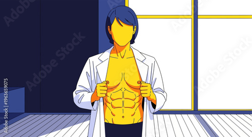 A person with a yellow face and exposed torso standing in front of a window