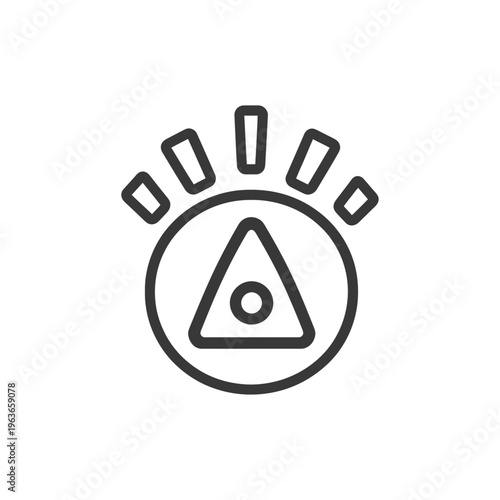 An abstract icon displays a triangular shape within a circle with rays