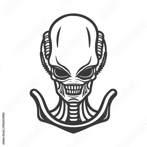 Alien creature face drawing with big eyes and sharp teeth