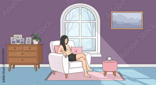 Woman relaxing in a cozy room with purple walls and a large arched window