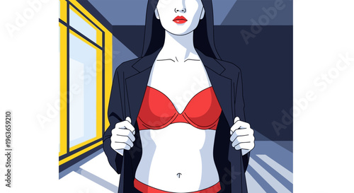 Woman in red lingerie standing in front of a window