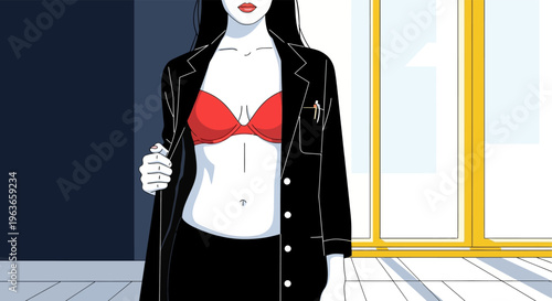 Illustration of a woman in a red bra and black coat standing in front of a window