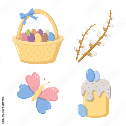 Set of Easter and spring icons basket with eggs, pussy willow branch, butterfly with pink and blue wings, and decorated cake with icing and eggs, colorful festive illustration