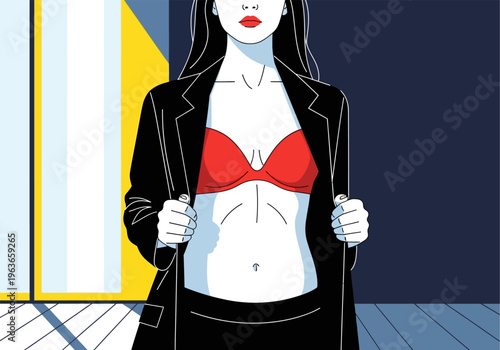 Woman in red lingerie standing confidently in a modern setting