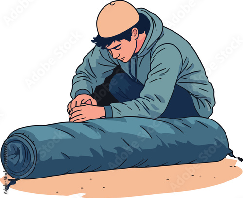 Illustrazione vettoriale di una persona che arrotola o sistema un sacco a pelo imbottito dopo il campeggio. Concetto di outdoor, viaggio, escursionismo, organizzazione dell’attrezzatura e vita 