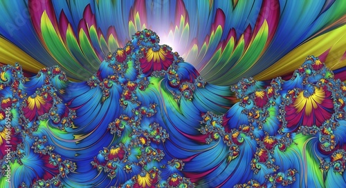 Vibrant and mesmerizing abstract fractal landscape with intricate swirling patterns and luminous colors, creating a surreal and psychedelic digital art background for various creative projects