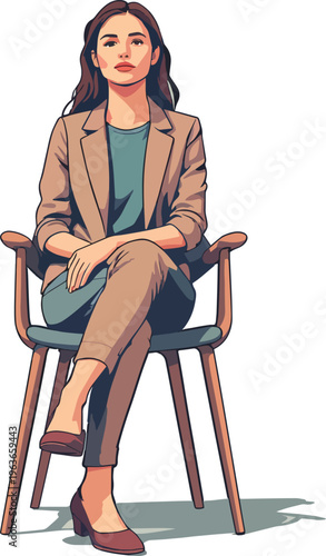 Illustrazione vettoriale di una donna seduta su una sedia con gambe accavallate. Concetto di attesa, relax, conversazione o ambiente lavorativo. Stile moderno ideale per comunicazione, lifestyle e con