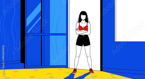 A cartoon woman standing in a room with blue walls and a yellow floor