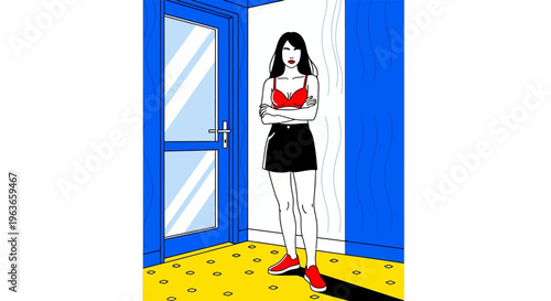 Woman standing in a doorway with a red top and black skirt