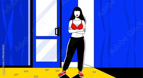 Woman standing confidently in front of a blue door with a red bra and black pants
