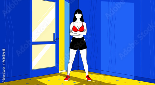 Woman in red lingerie standing in a blue room with a yellow floor and door frame