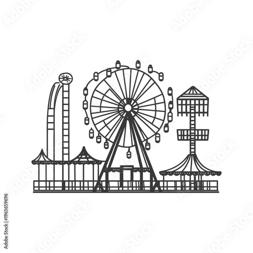 Illustration depicts an amusement park with various rides for entertainment