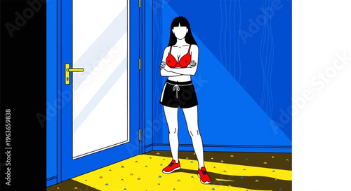 Anime style woman standing in a doorway holding a red object