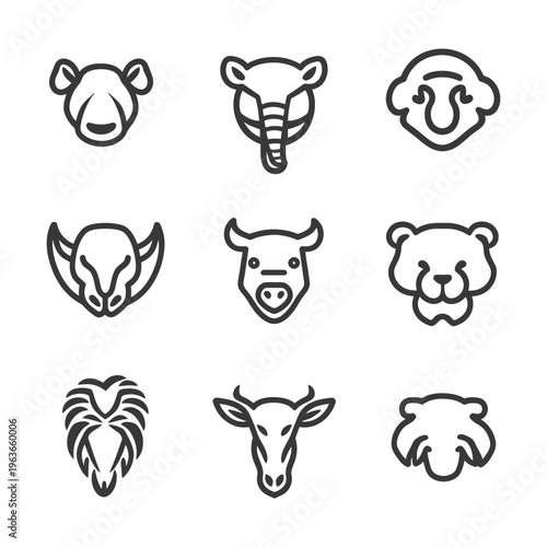 Minimalist black line drawings of various animal head icons