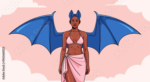 Illustration of a female demon or mythical creature with blue wings and a pink cloth
