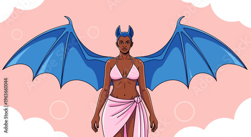 A cartoon illustration of a female demon with blue wings and a pink outfit