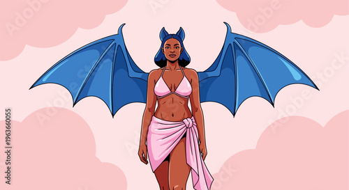 A cartoon illustration of a female demon with blue wings and a pink outfit standing in front of clouds
