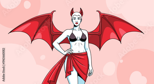 A cartoon illustration of a female devil with bat wings and a red skirt