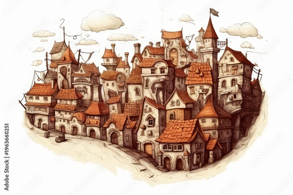 Obraz premium Fantasy city drawing featuring many old buildings with red roofs and a tall tower