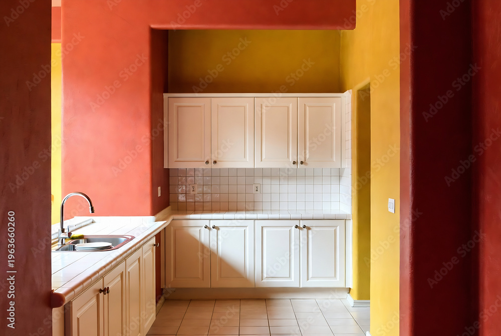 Fototapeta premium A small, simple kitchen with white cabinets and orange/yellow walls.