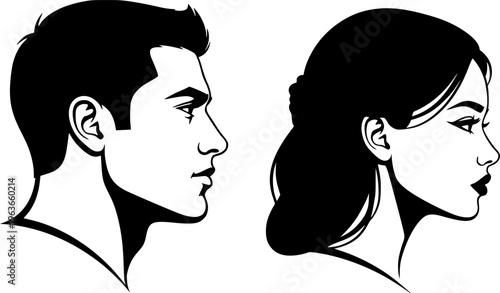vector set, Vector illustration of silhouette man and woman portrait in profile. Male and female head on a white background side view.