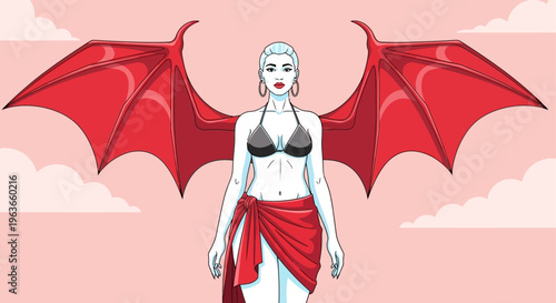 A cartoon illustration of a female demon or vampire with red wings and a red skirt