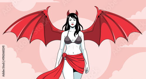 A cartoon illustration of a female devil with red wings and a seductive outfit