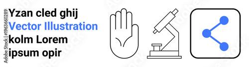 Science, research, communication, teamwork, digital connectivity, data sharing. ion includes a hand gesture, a microscope and a network connection icon. Science and communication