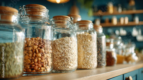Assorted dry pantry staples such as nuts, seeds, and oats neatly stored in glass jars with wooden lids on a kitchen shelf in a cozy home environment
