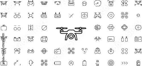 70 Drone Icons, Vector Drone Symbols, Drone Infographics, Black and White Icon Set