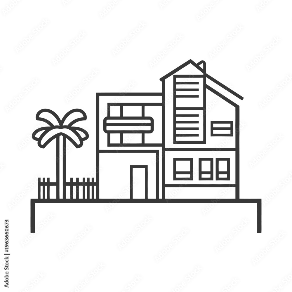 Naklejka premium A modern two story house with a palm tree outside