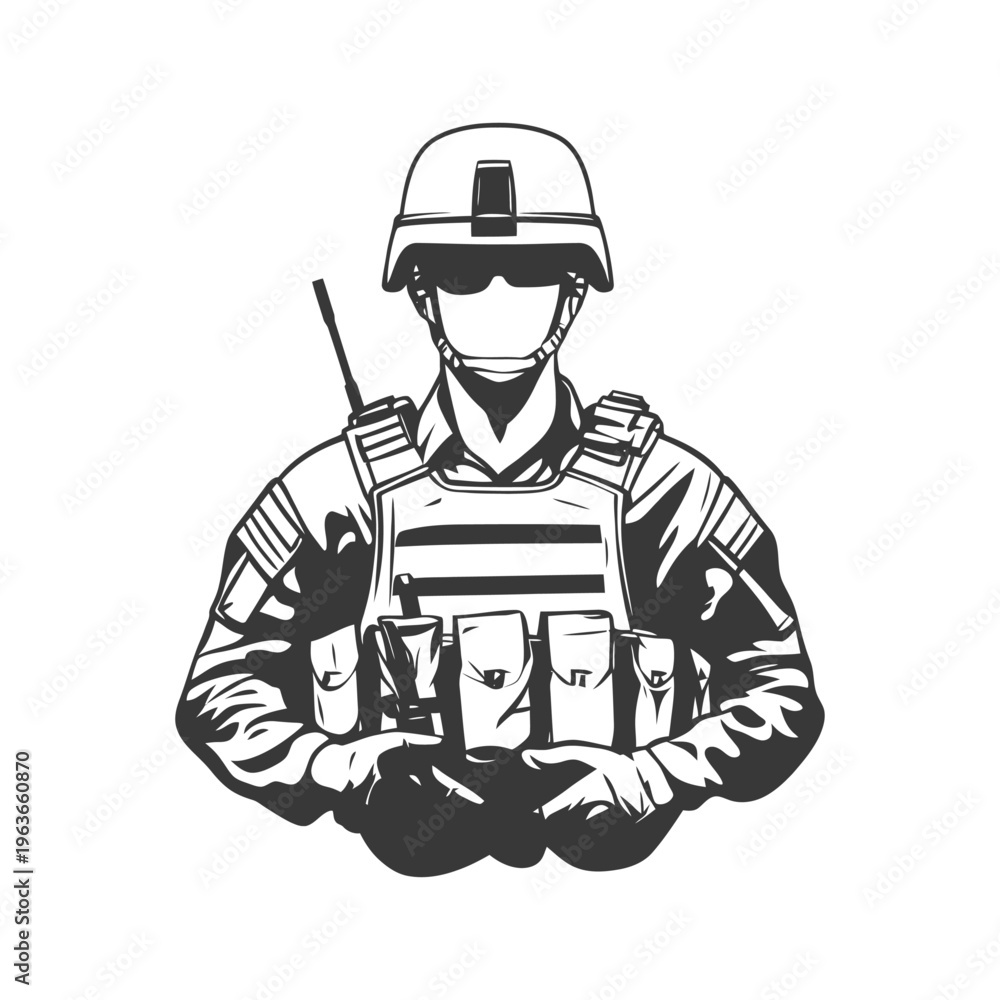 Fototapeta premium A monochrome illustration depicting a soldier in full combat gear