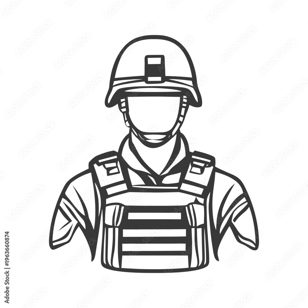 Fototapeta premium A detailed monochrome illustration depicting a soldier in combat gear