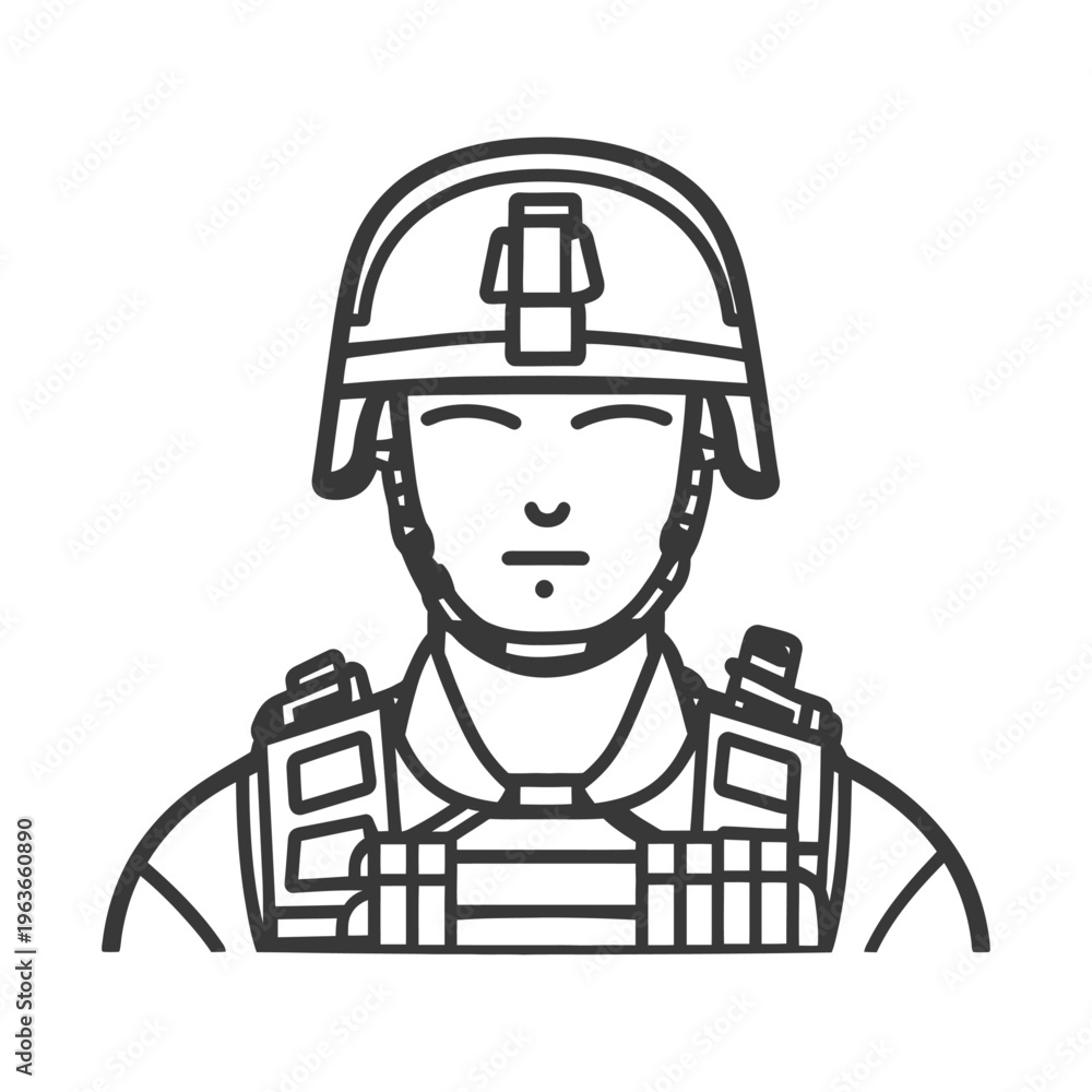 Naklejka premium A line drawing depicting a soldier wearing protective combat gear