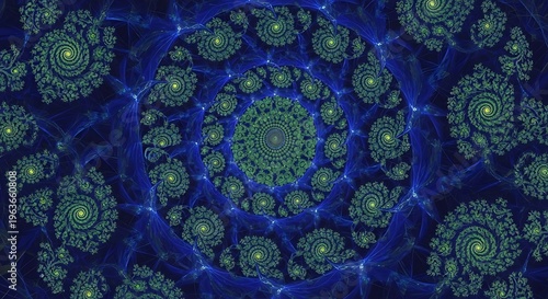 Mesmerizing Fractal Spiral Pattern - Deep Blue and Emerald Green Abstract Background Design