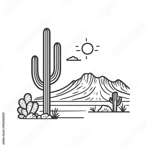 A stylized black and white desert landscape illustration showing cacti and sun