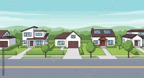 Suburban neighborhood with white houses and lush green lawns