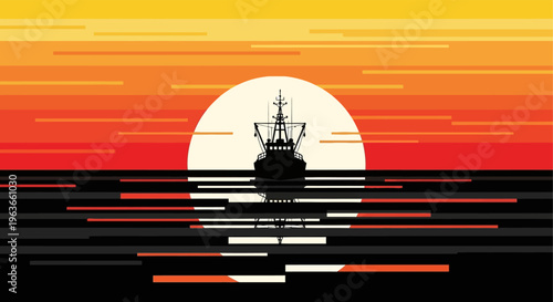 A serene silhouette of a ship sailing into a vibrant sunset on calm waters