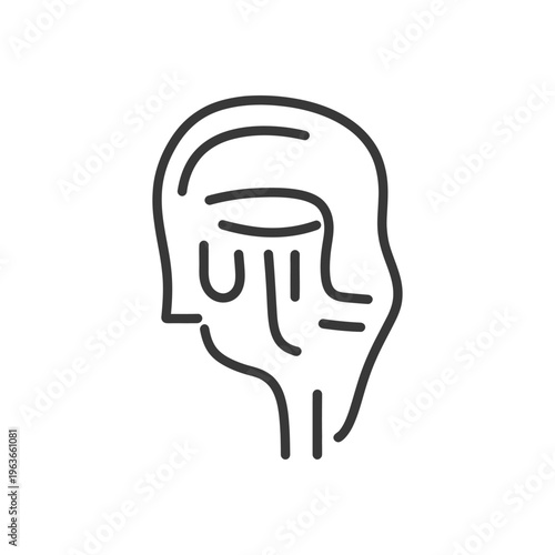 A simple line drawing illustrating a human head and a crying face