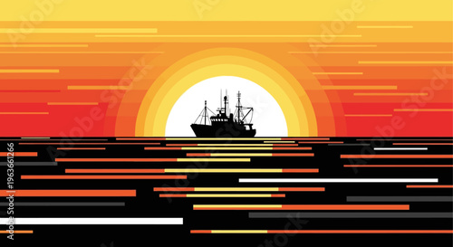 A silhouette of a ship sailing into a vibrant sunset with abstract digital glitch effects