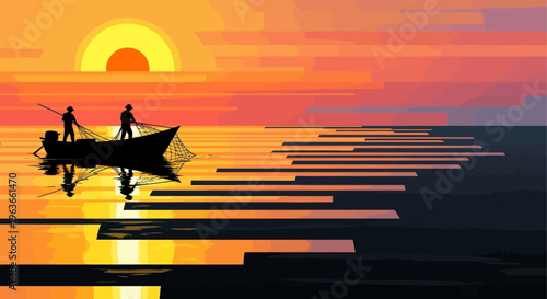 Serene sunset scene with a boat on calm waters leading to a stairway