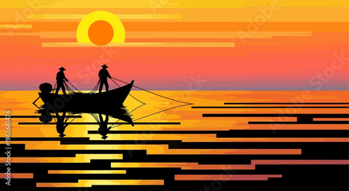 Silhouette of a fishing boat at sunset with two people on board in calm waters