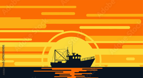 A silhouette of a fishing boat on the water at sunset with vibrant orange hues and yellow lines