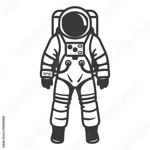 An illustrated drawing of a standing astronaut in a spacesuit