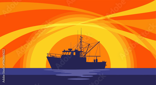 A silhouette of a fishing boat on the water with a vibrant orange sunset background