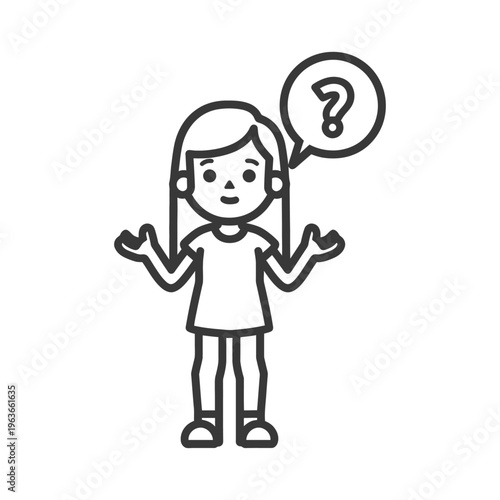 A cartoon girl is asking a question with a speech bubble
