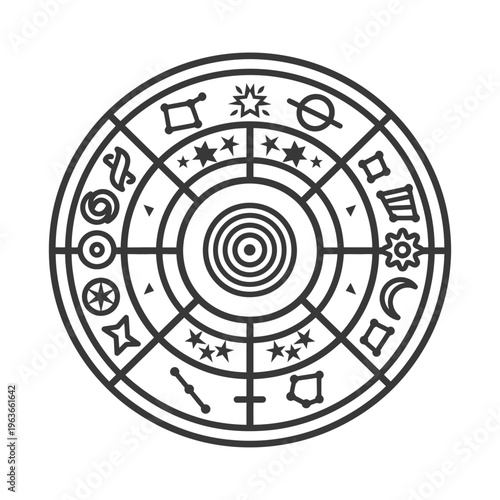 Detailed illustration of astrological symbols and celestial circular chart