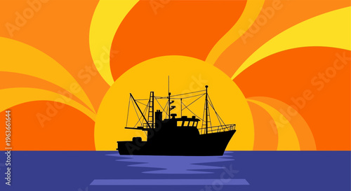 Silhouette of a fishing boat on the water at sunset with vibrant orange and yellow hues